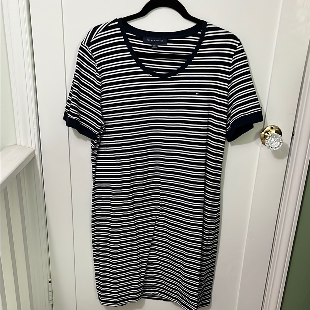 Tommy Hilfiger Navy & White Striped V-Neck Midi Dress L